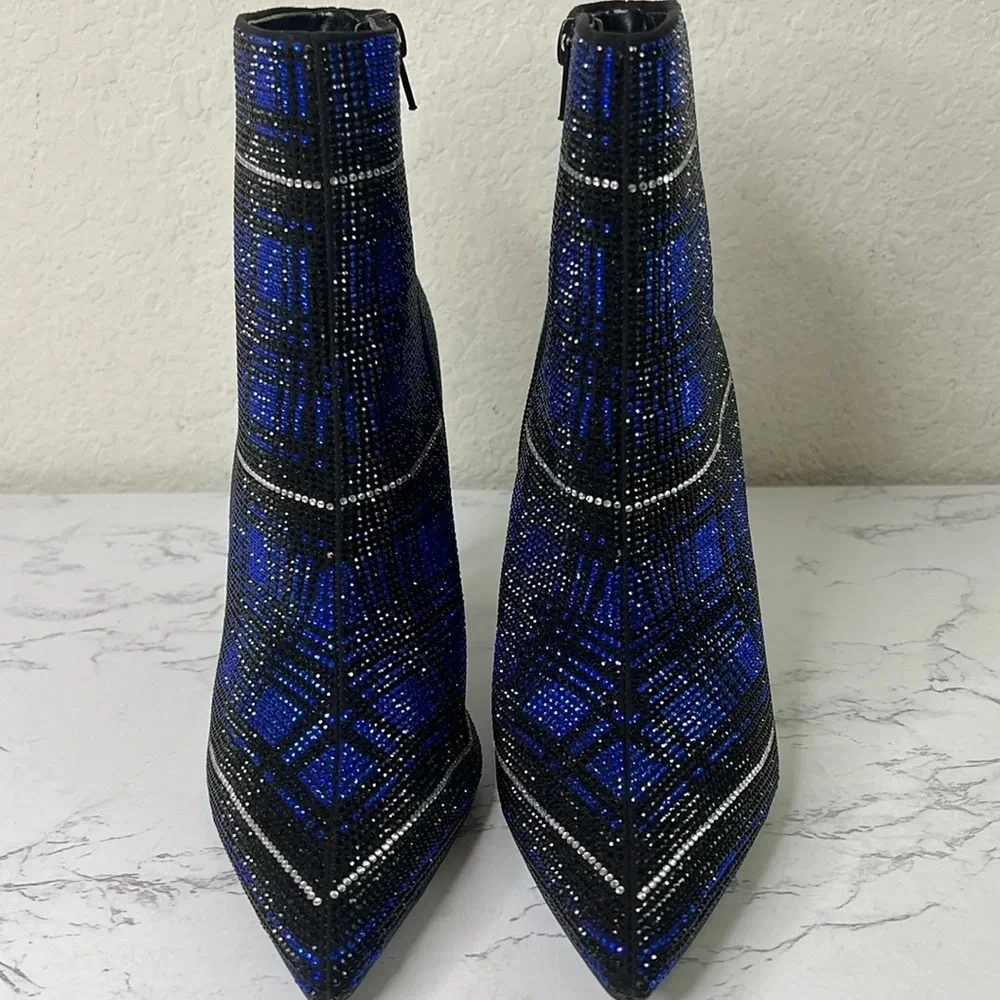 INC-  Blue Plaid Rhinestone Reisa Pointed Toe Stiletto Dress Booties - Picture 6 of 11